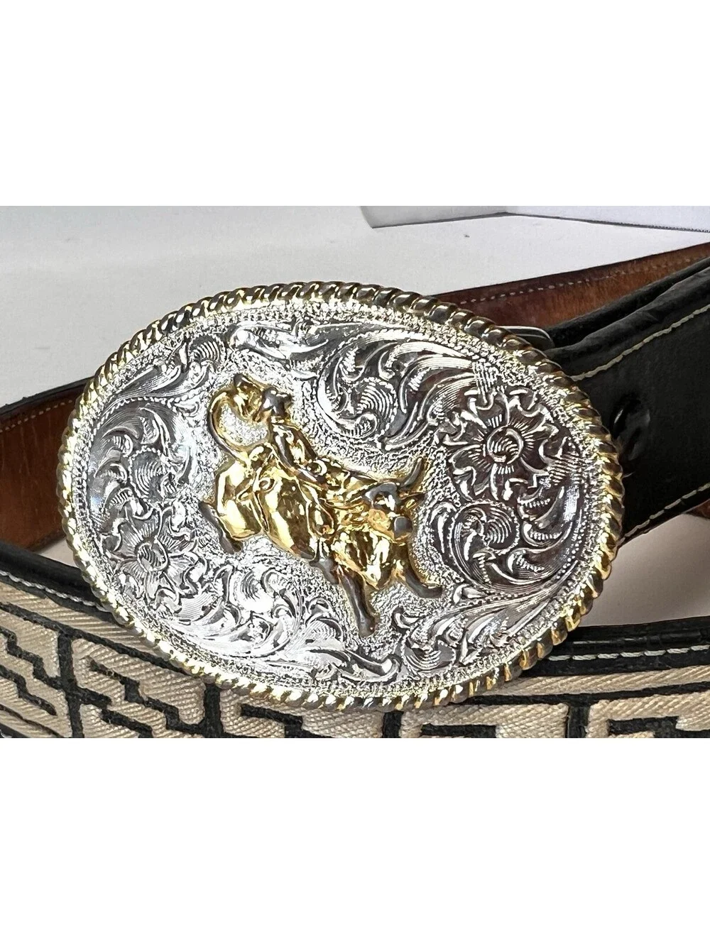 Hand Embroidered Calfskin Leather Western Cowboy Belt Bull Buckle Made In Mexico